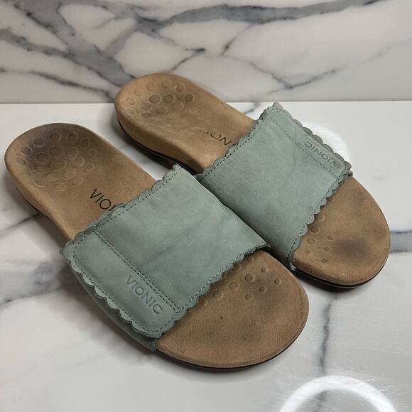Vionic Women's Sage Green Hook Loop Comfort Slides Slip On Florence Sandals Sz 9 - Picture 1 of 5